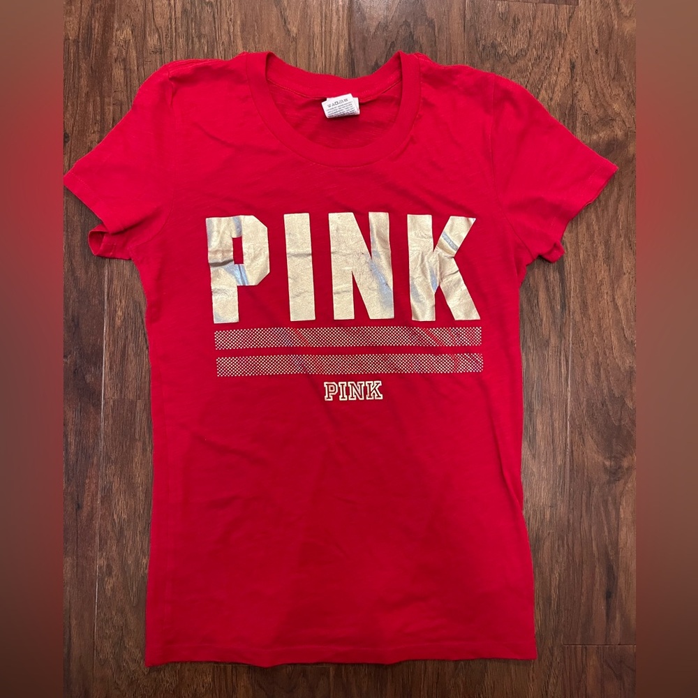 EUC PINK Women’s Tee - Red w/ Gold Foil Letters - Sz Medium